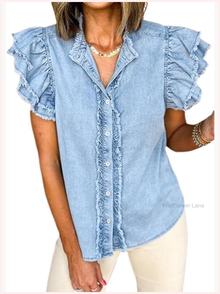 Button Down Denim Shirt Blouse Ruffle Flutter Sleeve V Neck Casual Summer